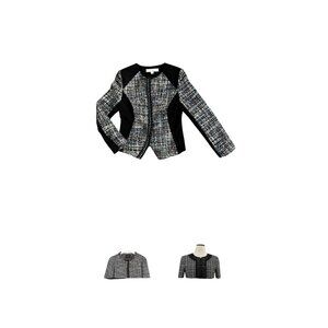 Boston Proper Womens Size 12 Sequins Tweed Blazer Black Panels Embellished Trim